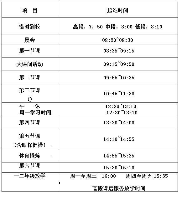 2020-2021学年夏秋季小学上课作息时间表word打印版